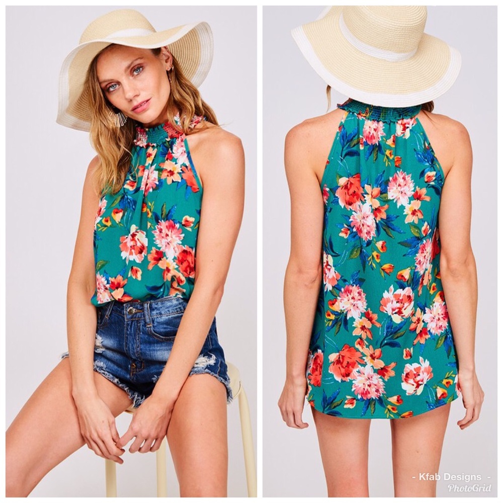 🌺LAST 1! Floral Bubble Crepe Smocked Halter Top! - Picture 6 of 8